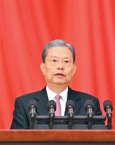 3月9日，十四屆全國人大四次會議在北京人民大會堂舉行第二次全體會議。受全國人大常委會委托，趙樂際委員長向大會報告全國人大常委會工作。新華社記者 饒愛民攝